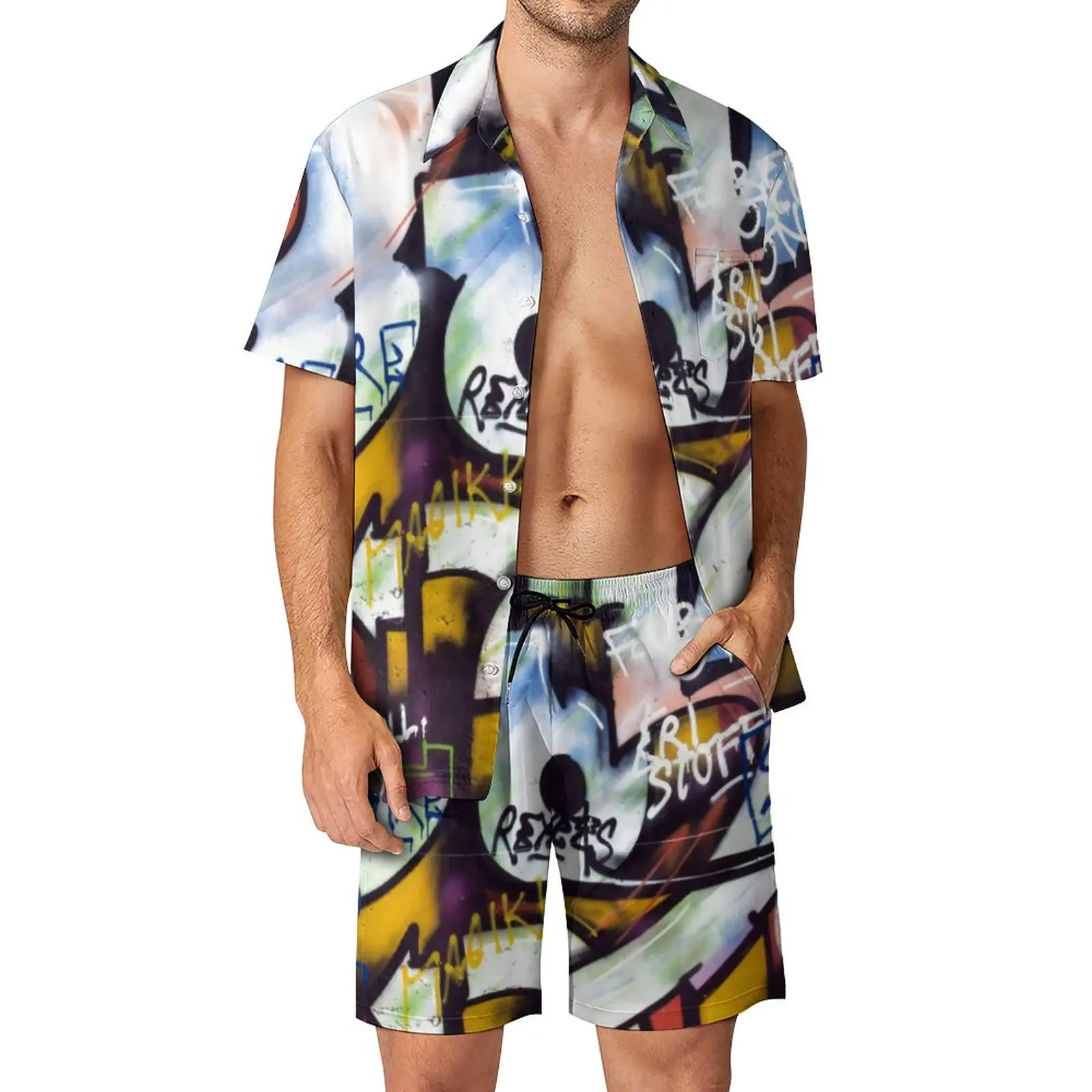 

Word Art Print Men Sets Colorful Graffiti Casual Shorts Summer Hawaii Beach Shirt Set Short Sleeve Big Size Suit Gift Idea
