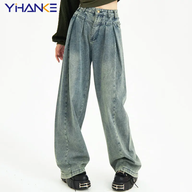 

Vintage Blue High Waist Women Jeans Pleated Design American Fashion Streetwear Wide Leg Jean Denim Trouser Straight Baggy Pants