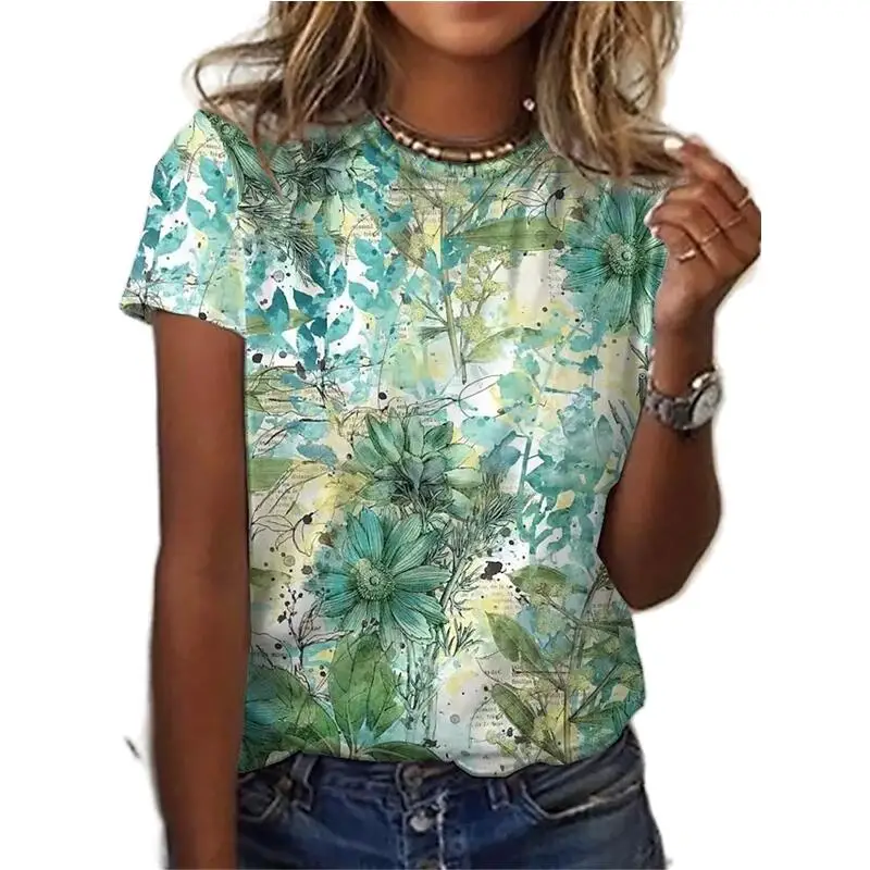 

Women's Fashion T-shirt with Exquisite Floral Print Top 3D Printing Comfortable Round Neck Polyester, Versatile Temperament