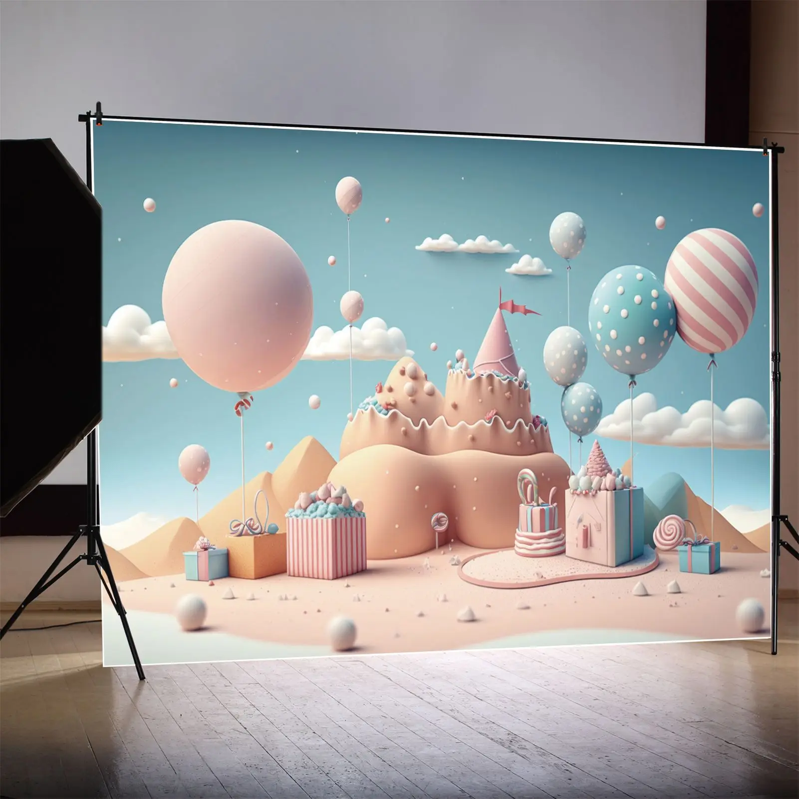 

Cream Castle Birthday Party Photography Backdrops Decoration Balloon Clouds Sky Personalized Children Photo Background Props