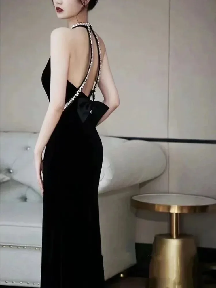 Hot sale No. 27 black evening dress female host temperament coming of age ceremony banquet long