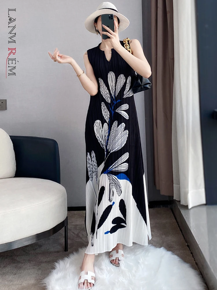 

LANMREM Pleated Elegant Floral Print Ankle-length Dress Womne Sleeveless Pullover Round Collar 2023 Summer Female Clothing 2I735