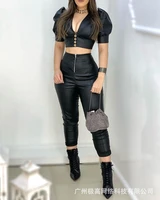 black sexy two piece pants suit women 2022 fashion summer crop top high waist zip up pancil pants elegant womens streetwear