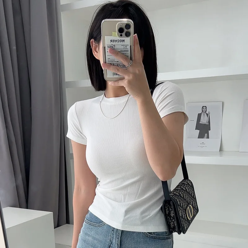 

Summer High-Quality Cotton High Elastic Fine Thread Women's Short Sleeve T-Shirt Crewneck Tight Show Slimming Top