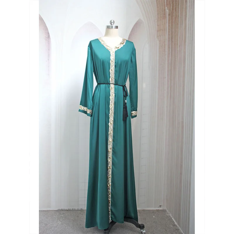 Robe Femme Musulmane 2022 Muslim Arab Sequins Long Sleeve V-neck Casual Loose Elegant Female Abayas For Women