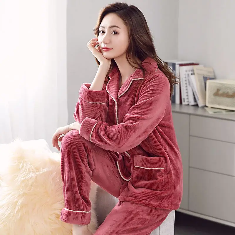 pajama sets for womens winter thicken warm long sleeve female clothes christmas nightwears woman two pieces sleepwear clothing