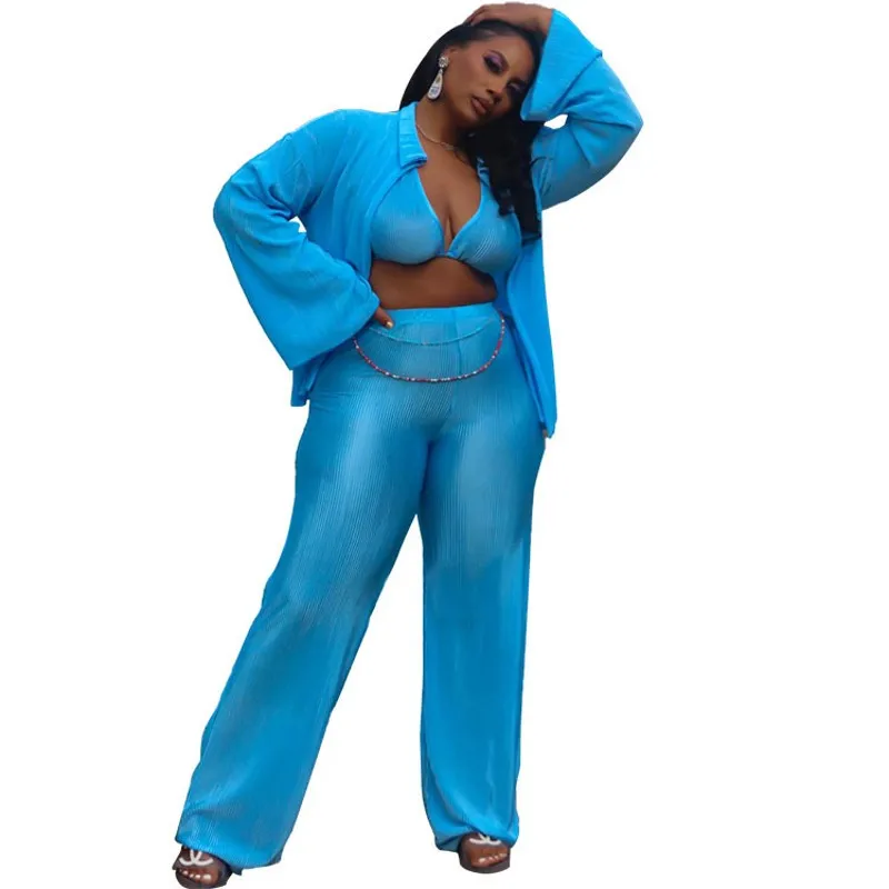 

African Clothes Set For Women 3 Piece Bra Shirt Tops And Wide Leg Pant Suits Sets 2022 New Solid Pleated African Kanga Clothing