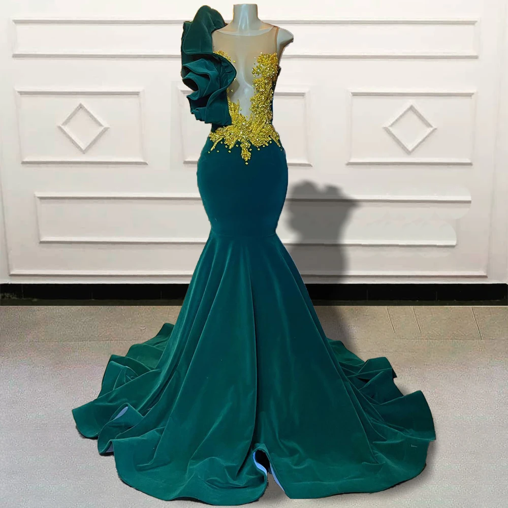 

Длинное вельветовое платье-Русалка с зелеными бусинами, модель 2023 года, для черных девушек, выпускной, женское официальное вечернее платье с прозрачной сеткой на заказ