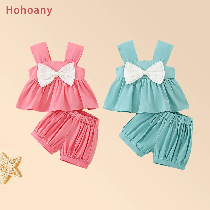 2Pcs/Set Hohoany Summer Baby Girl Children Suit Bow Knot Toddler Clothes Sweet Solid Color Tops Shorts Thin Casual Kids Costume