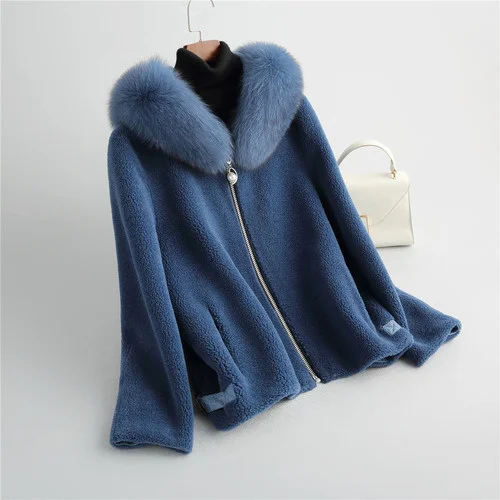 

Winter Casual Hooded Real Sheep Shearing Jacket Women 2023 Fox Fur Collar Wool Coat Female Casual Jaqueta Feminina Gxy535