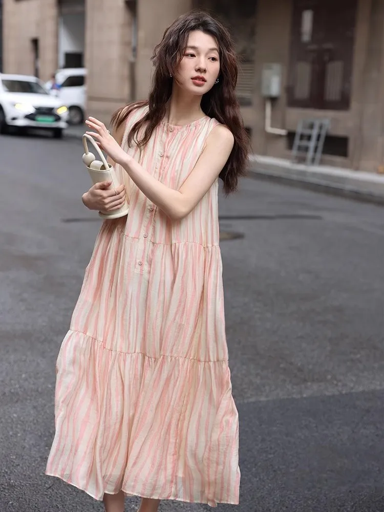 Женское летнее платье-жилет в розовую полоску приталенная длинная свободная