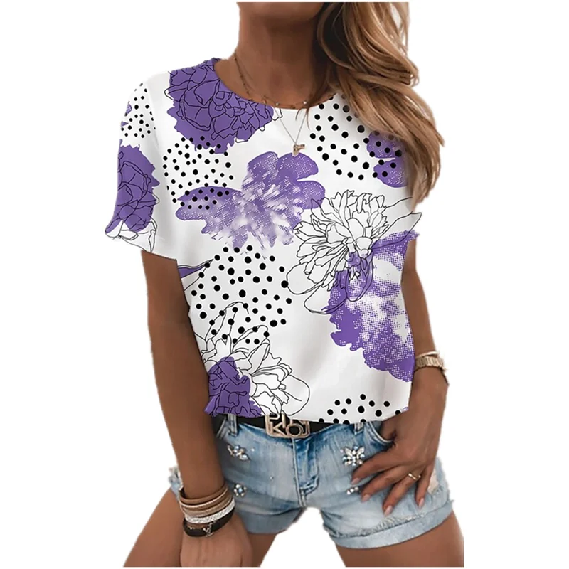 

Short Sleeve Outdoor Street Cloth 3D Floral Stripes Fashion T-Shirt Women's Tops Casual