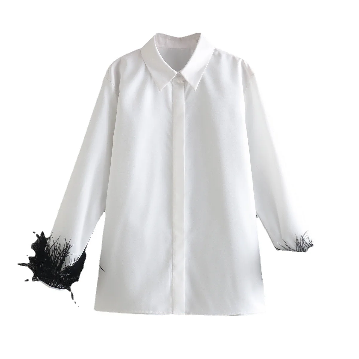 

Сексуальная легсветильник атласная белая рубашка DEARIRIS с перьями и манжетами