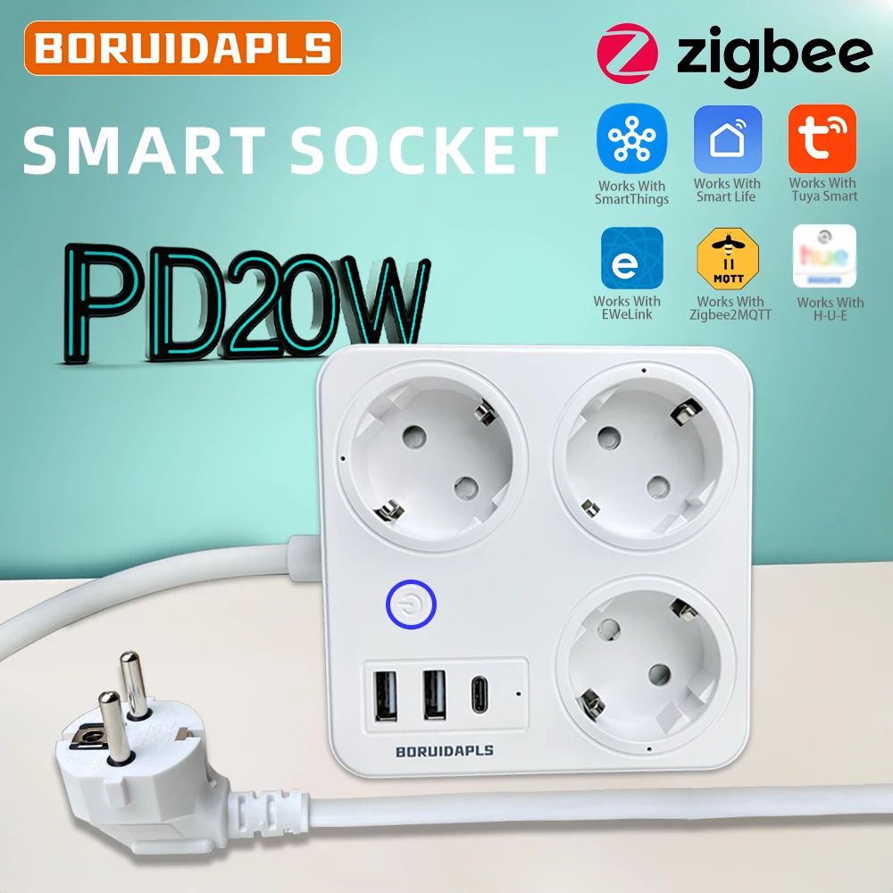 

BORUIDAPLS ZigBee EU Smart Power Strip PD20W Type-C Tuya EWeLink Remote | Умная розетка Voice с несколькими платформами с открытым исходным кодом