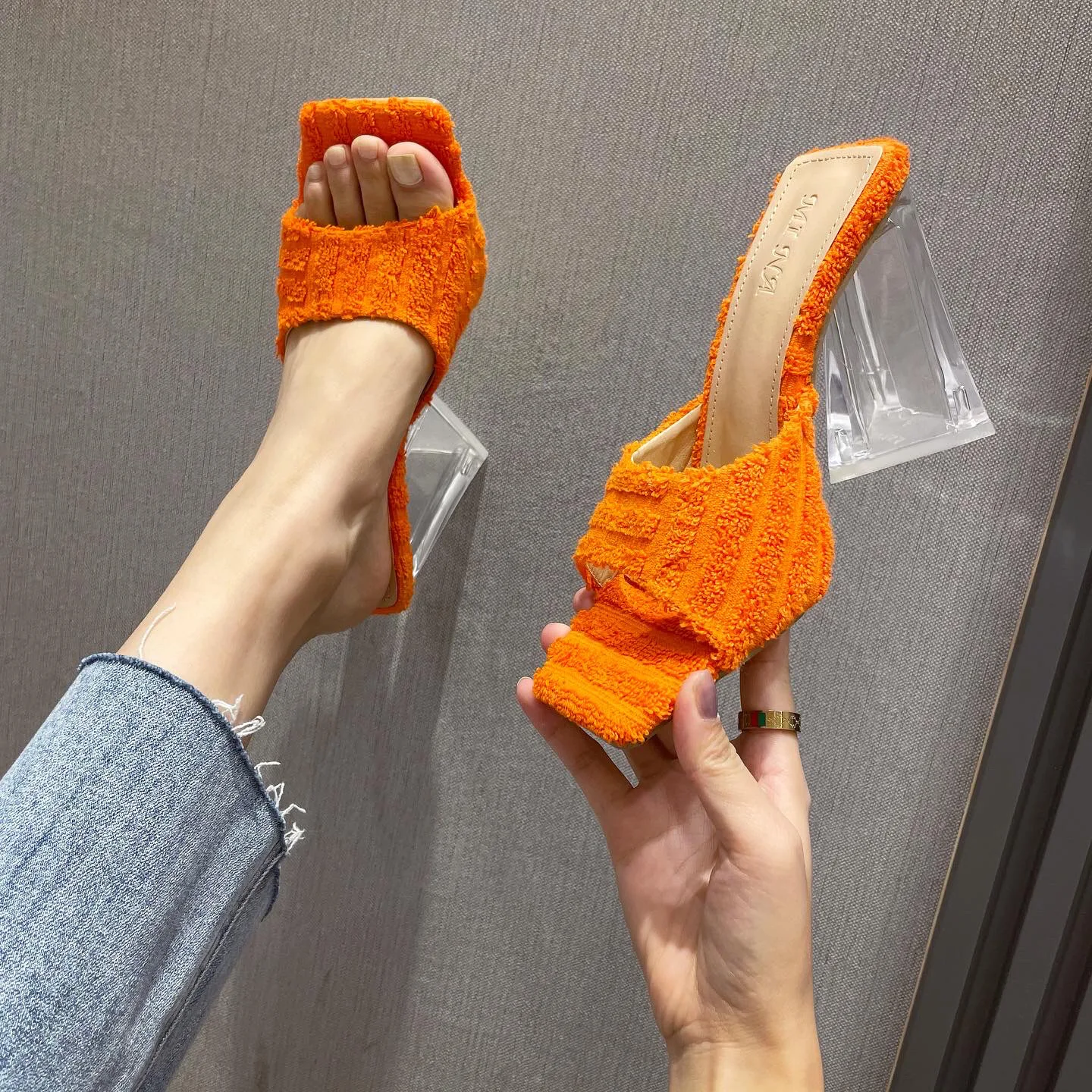 

Туфли женские с открытым носком, сандалии-полотенце, высокий металлический каблук, пикантная обувь в римском стиле, вечерние, оранжевые, на ...