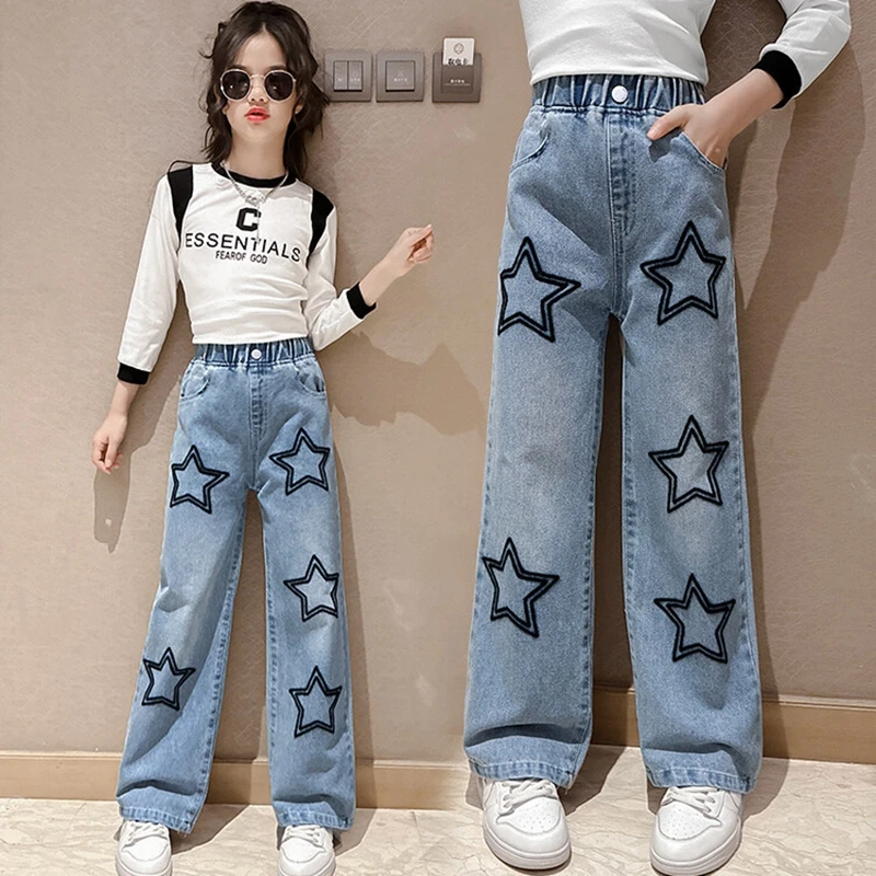 

Teenage School Children Trousers Spring Fall Star Design Casual Loose Jeans for Girls Elastic Waist Fashion Kids Straight Pants