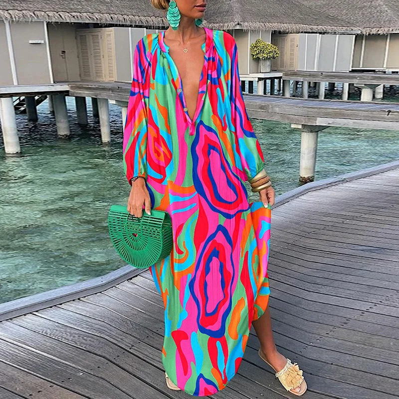 

Women's loose Bohemian print dress, deep V-neck elegant beach skirt, sexy, long-sleeved, large, 2023