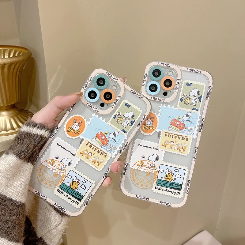 

BANDAI Snoopy And Friends Stamp Pattern Soft Silicone Phone Case for iPhone 11 12 13 Pro Max 7 8 Plus X XR XS MAX Hard Fundas