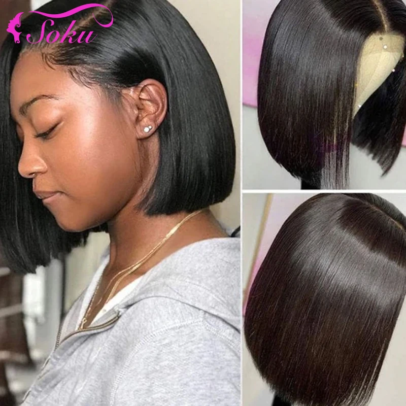 Natural Color Straight Short Bob Lace Front Wig Pre Plucked Brazilian Remy Human Hair Transparent Lace Wigs For Black Women SOKU