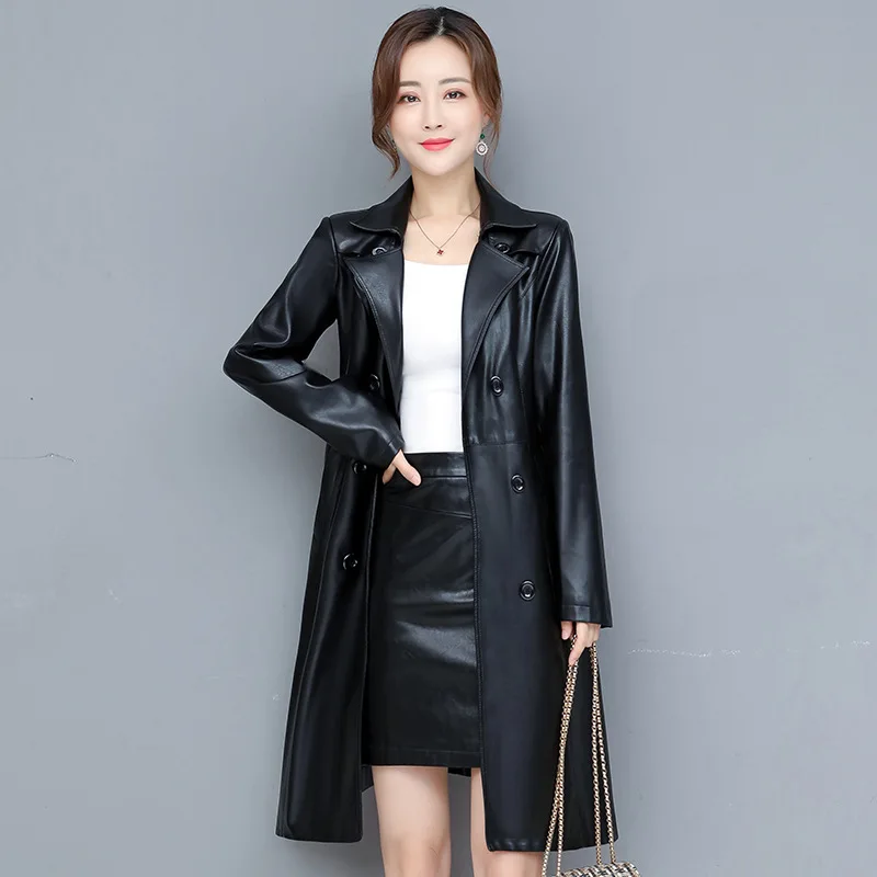 M To 7XL Women PU Leather Trench Knee Length Slimming Fit Fashion Spring Autumn Windbreaker Lace Up Coat With Belt Oversize