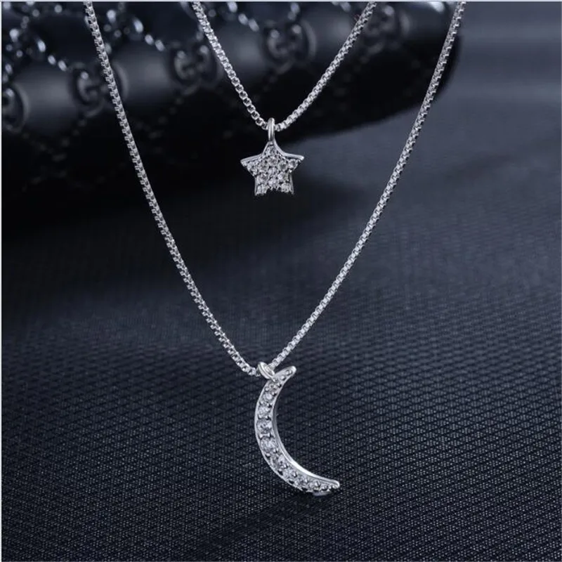 

Женское ожерелье из серебра 925 пробы, простое Двухслойное колье с подвеской в виде звезды, Луны, цепочки до ключиц, изысканная бижутерия в по...
