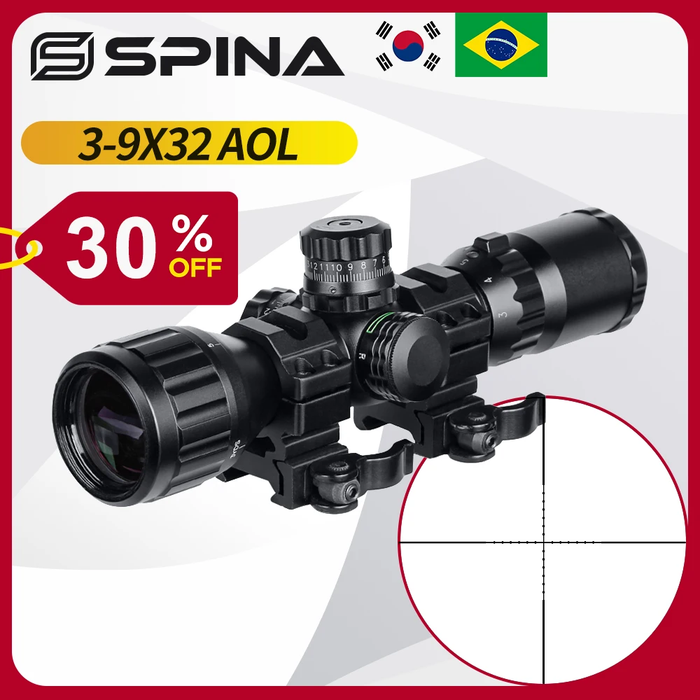 SPINA Optics 3-9x32 AOL Rifle Scope Red Green Illuminated Cross Hunting Tactical Optical Sight Mil-dot Reticle Riflescope