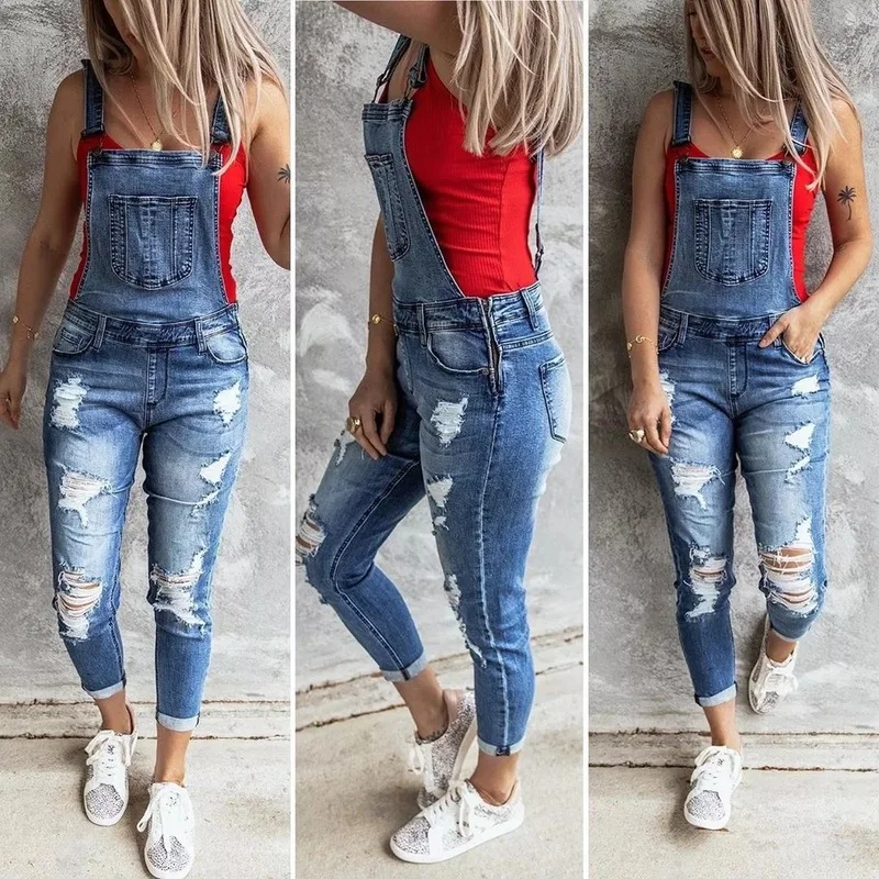 2022 Jean Hole Jumpsuit Fashion Lady Baggy Denim Jeans Bib Pants Playsuit Women Full Length Overall Solid Loose Casual Jumpsuits