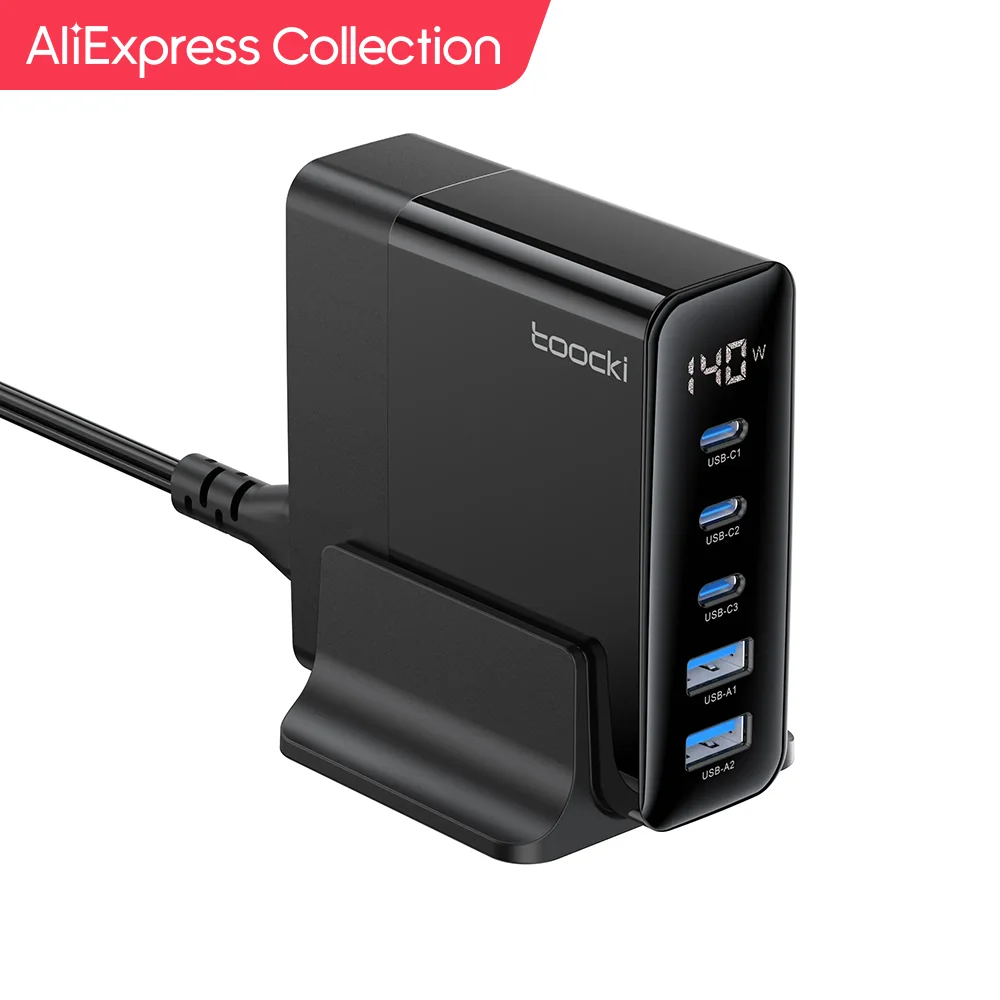  AliExpress Collection Toocki USB 충전기 멀티 포트 충전 스테이션, GaN 고속 충전 데스크탑, 아이폰 15, PD 타입 C 전원 어댑터, LED 디스플레이, 140W 