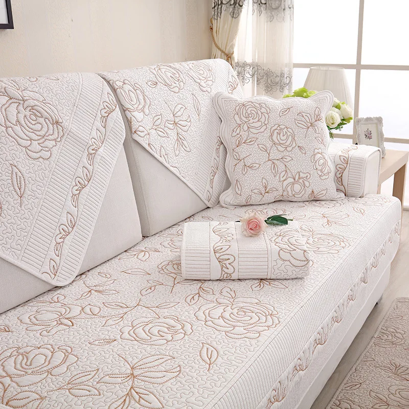 

Double Surface Sofa Cover Four Seasons Couch Towel Non-slip Comfortable Europe Embroidery Full Cushion Solid Color Printed