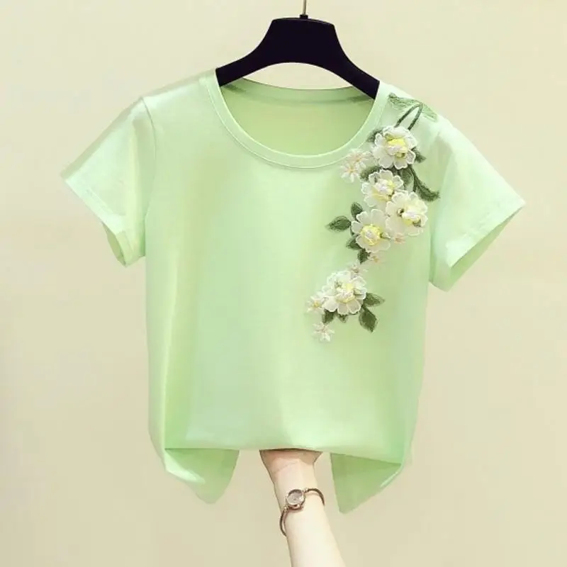 

2021 summer new Korean version of hand-embroidered three-dimensional decorative round neck T-shirt women's casual Top Female
