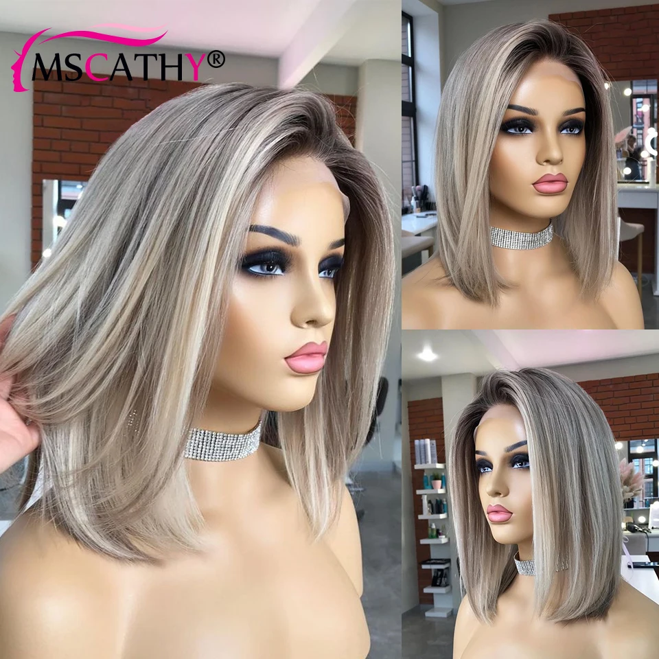 Ash Brown Blonde Highlight Lace Front Wig Ash Grey Straight Short Bob Lace Front Wig HD Glueless Bob Lace Frontal Human Hair Wig