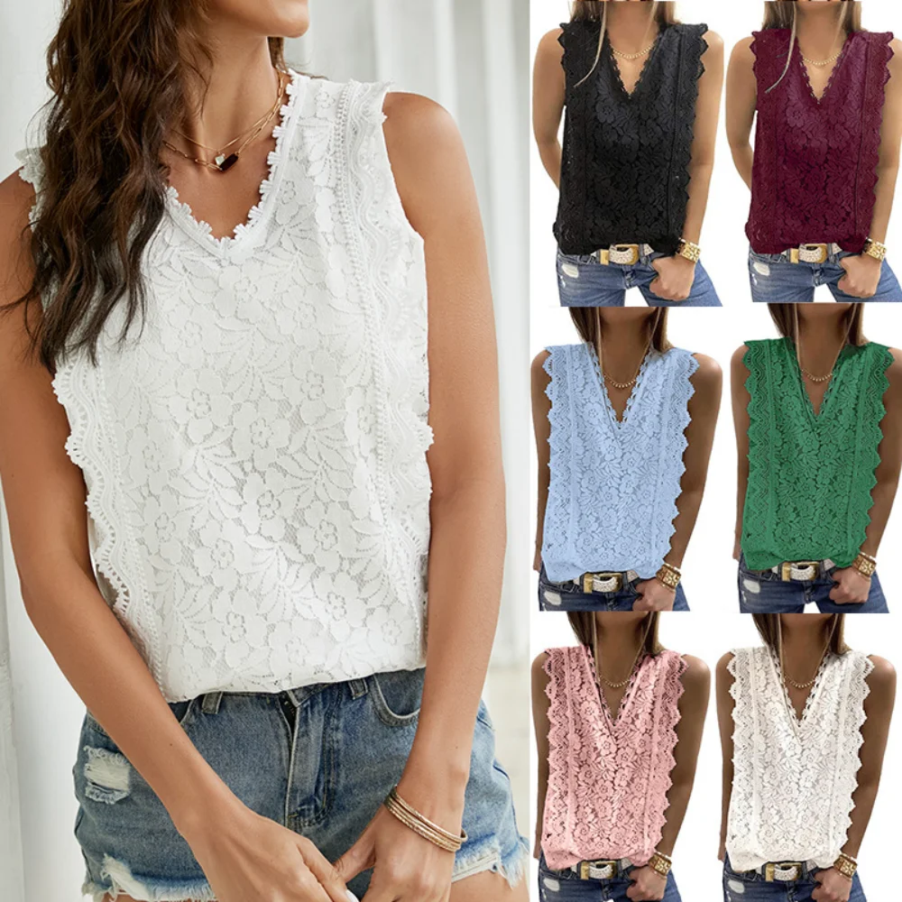 

2023 Summer New Crop Top Women Lace Tank Top Women Floral Camisole Tank Top V-Neck Sleeveless T-Shirt Women Clothing Womens Tops
