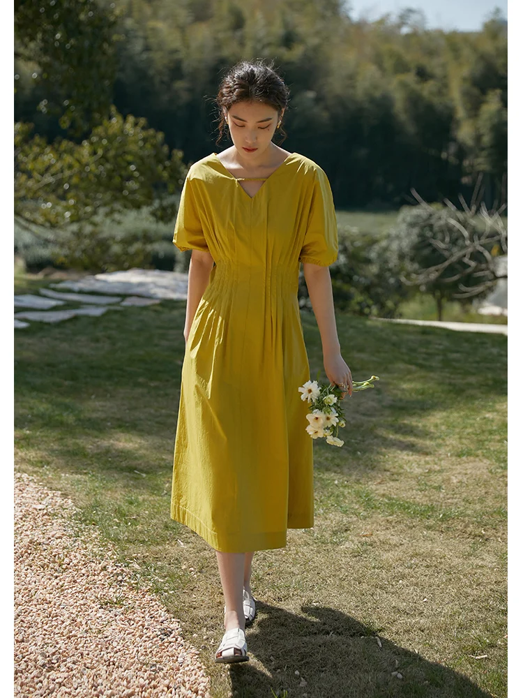 

DUSHU V Neck Short Regular Sleeve Pleated Design Dress Slightly Fat Lady High Waist Mid-Length A-LINE Dress Summer Solid Cotton
