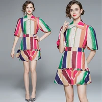 2022 womens new summer high end temperament french lapel color stripe bubble sleeve shirt fashion ruffle skirt two piece set