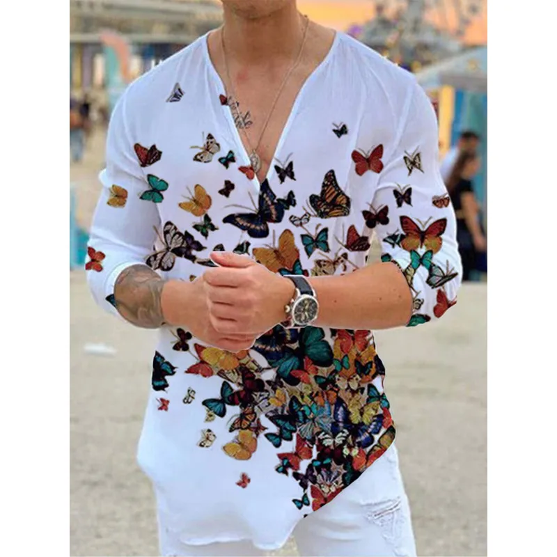 

T-shirt Quality New Casual V-neck Men's Sold Sleeve Long Top Fashion Printing Men's Color Tee Breathable High Clothing Slim T-s