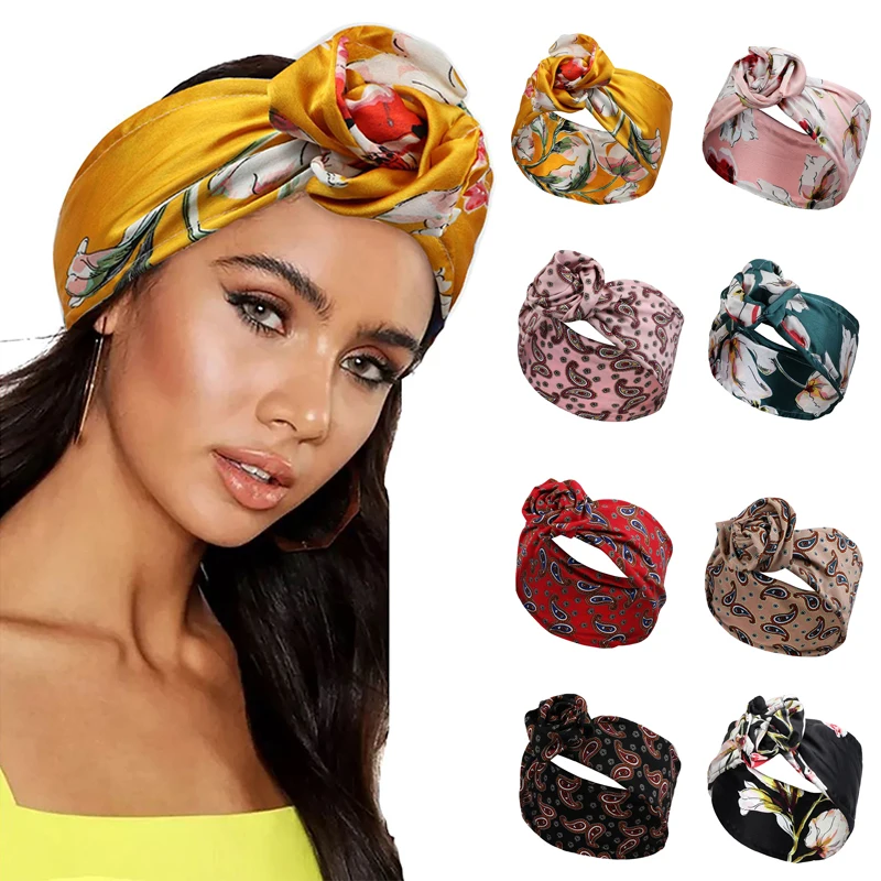 

Women Vintage Bohe Printing Headband Turban Bandana Wide Hair Band Girls Knotted Hairbands Multi Use Headdress Hair Accessories