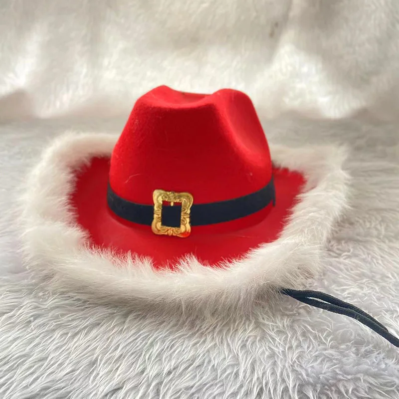 

Red Cowboy Hat Western Cowboy Hat Christmas Feather Santa Claus Raw Brim Hat Belt Cowboy Merry Christmas Decor Happy New Year