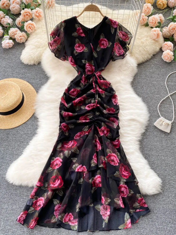 

Женское элегантное платье-труба, облегающее платье с коротким рукавом, женское пляжное платье с оборками и кулиской