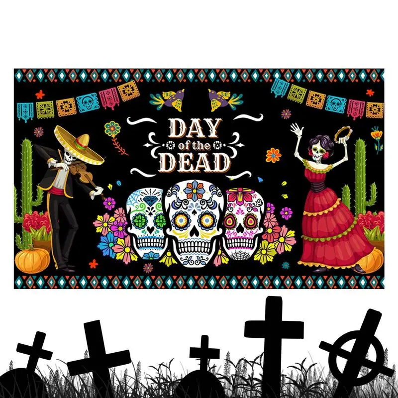 

Mexican Day Of The Dead Photography Backdrop Dancing Skulls Holiday Wall Banner Decor Portable Holiday Wall Banner Decor For