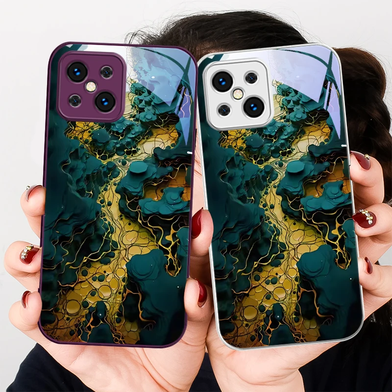 Lava landform dark green For Find X5 X3 Lite Reno 6 4Z 5G OPPO A72 79 73 58 A54S OnePlus Nord N200 Tempered glass phone case
