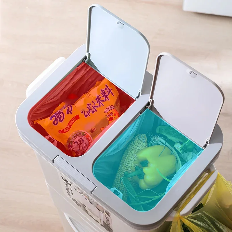 Контейнер для мусора на колесиках кухни с большим отсеком переработки