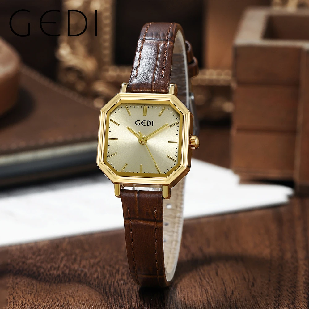 GEDI New Square Women Watch Luxury Business Waterproof Quartz Analog Ladies Watch Leather Strap Fashion Casual Female Wristwatch
