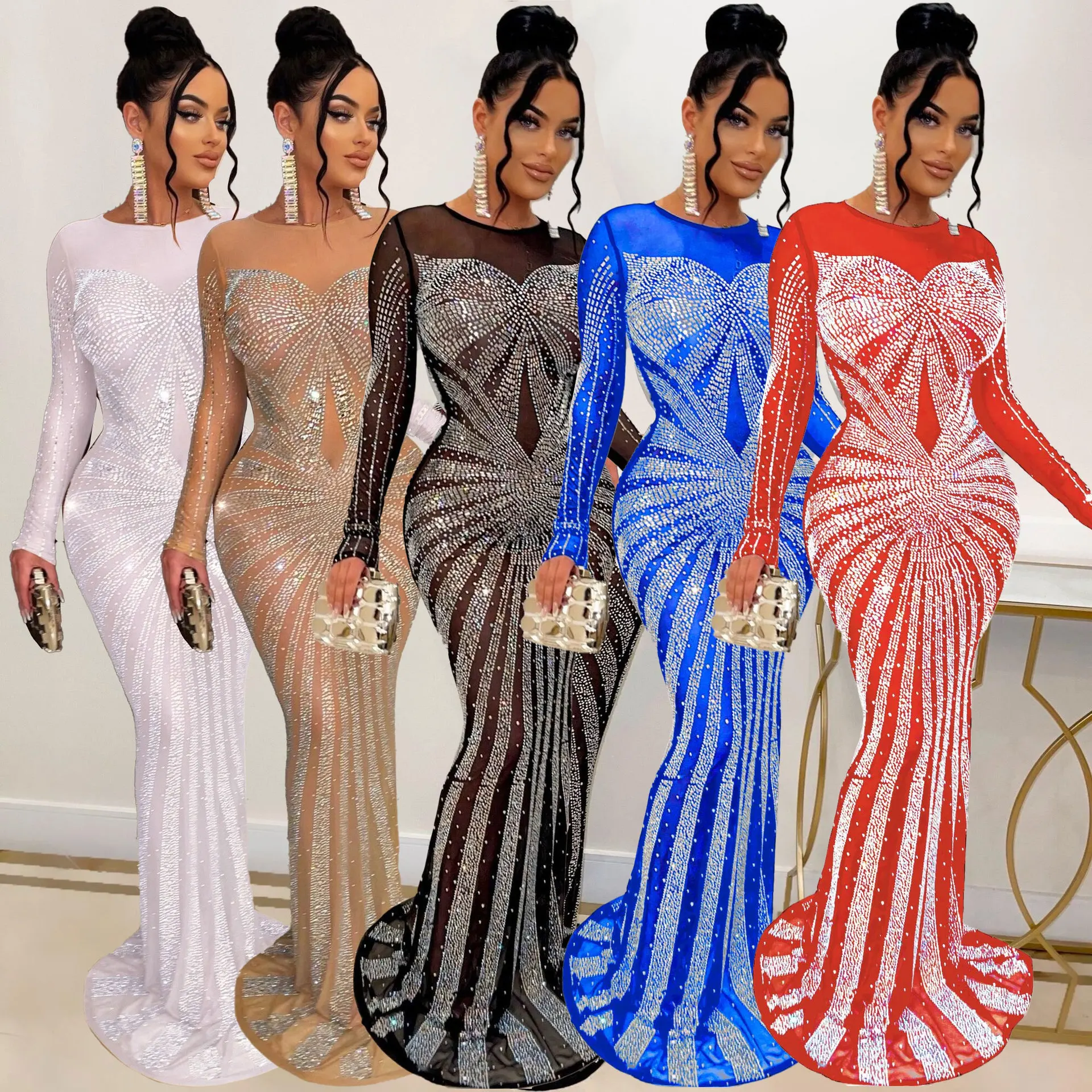 

Woman Long Sleeve Mesh dress full rhinestone O Neck Bodycon Floor Length Casual dress S-2XL