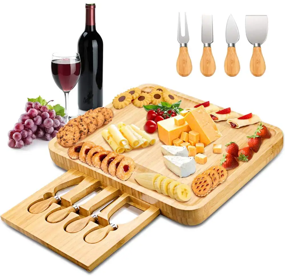 

Cheese Board and Knife Set, Bamboo Charcuterie Boards Platter Serving Tray for Housewarming Party Birthday Wedding Gifts