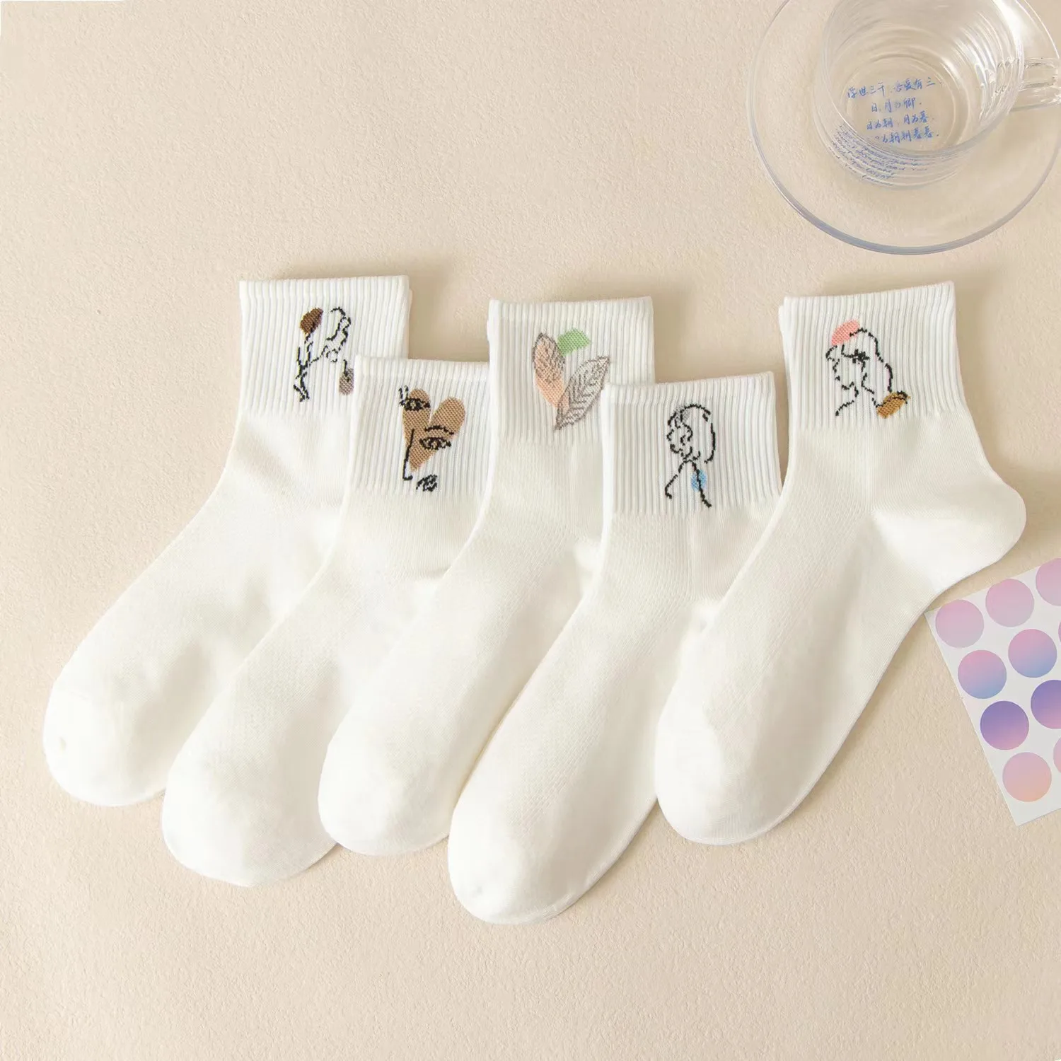 2023 New Spring Summer Elegant Girl Pattern Design Women's Socks Simple White Cotton Middle Sock for Lady Long Sport Sox 10 Pair