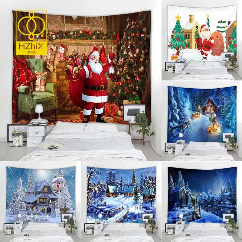 

Christmas Tapestry Wall Hanging Santa Claus Christmas Tree Snow Scene Home Holiday Decoration Tapestry Fireplace Christmas Gifts