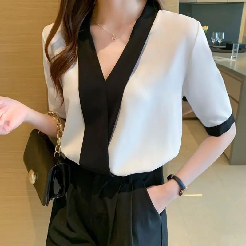 Elegant V-Neck Spliced Half Sleeve Loose Chiffon Shirt Women's Clothing 2023 Summer New Casual Tops Office Lady Blouse