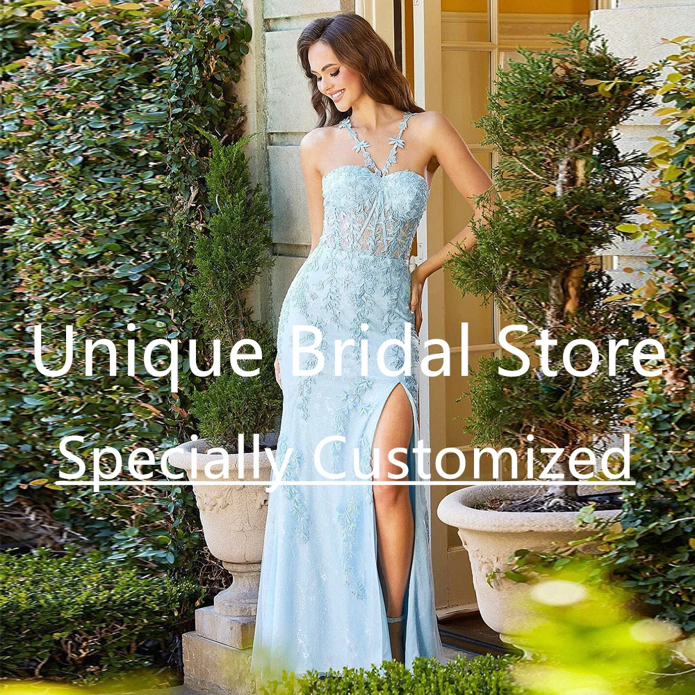 

Mermaid Prom Gown Tulle V-Neck Spaghetti Strap High Split Sleeveles Backless Lace-up Applique Lace Sweep Train Evening Dress