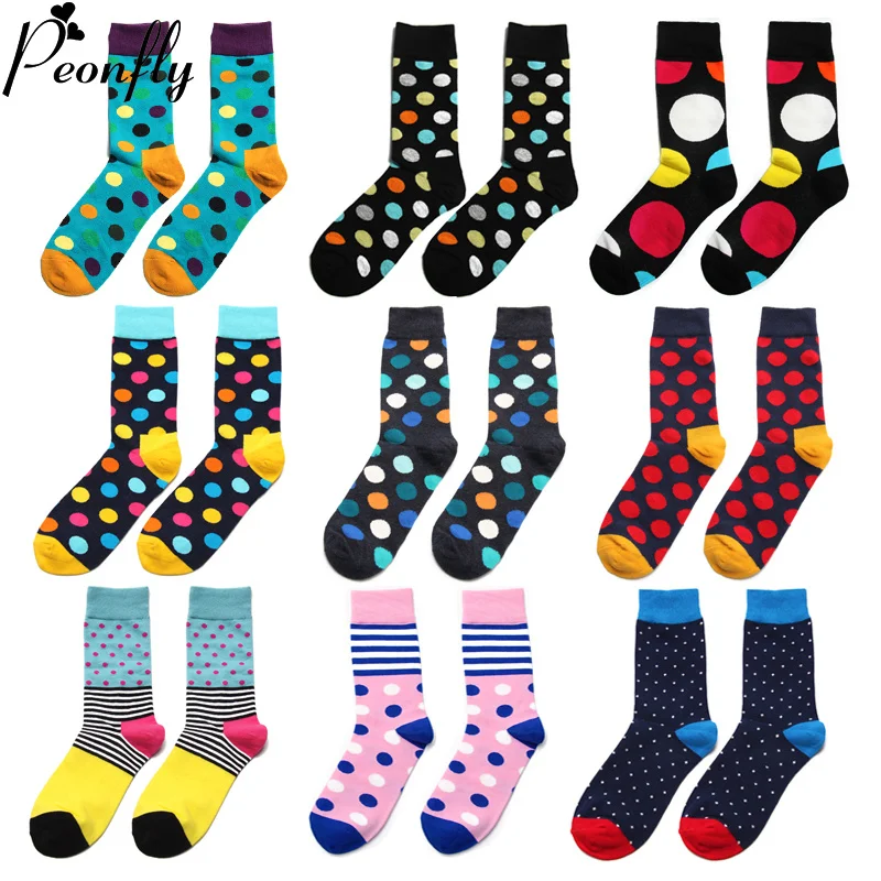 

Peonfly Arrive Happy Men Striped Lattice Dot Design Colorful Cotton Leisure Socks Funny Gift