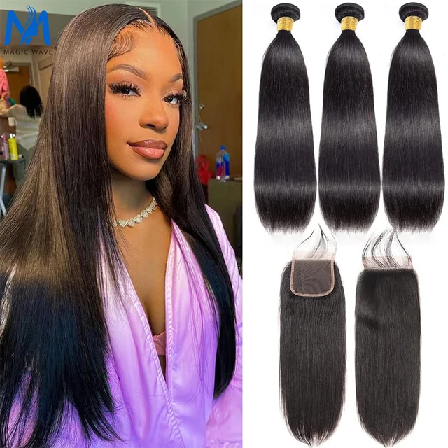 4x4 Lace Closure Straight Human Hair Bundles with Closure 3/4 Bundles with Closure 30 32 40 Inches Brazilian Weave Remy Hair 1